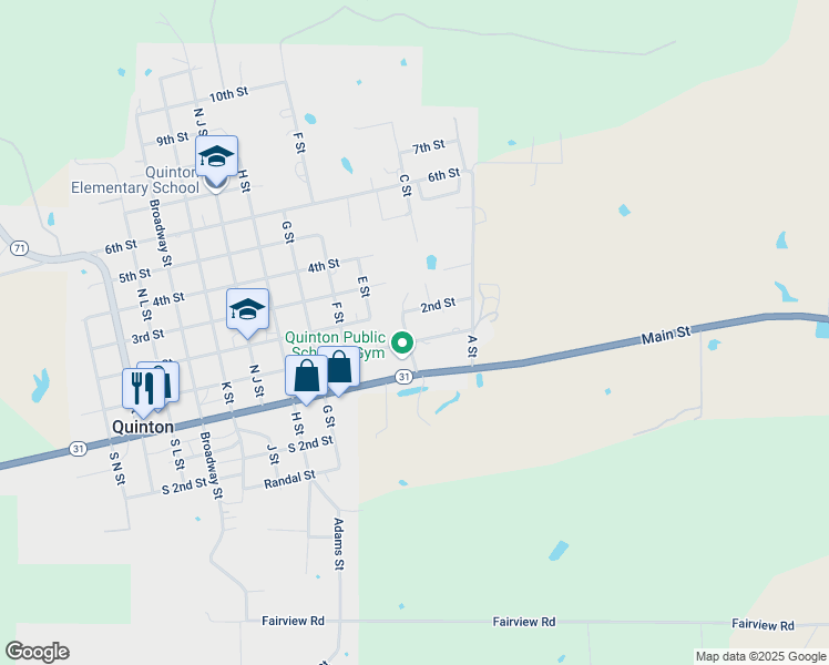 map of restaurants, bars, coffee shops, grocery stores, and more near 208 1st Street in Quinton
