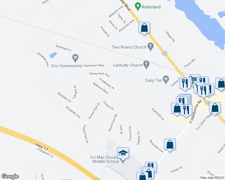 map of restaurants, bars, coffee shops, grocery stores, and more near 3407 Preakness Place in New Bern