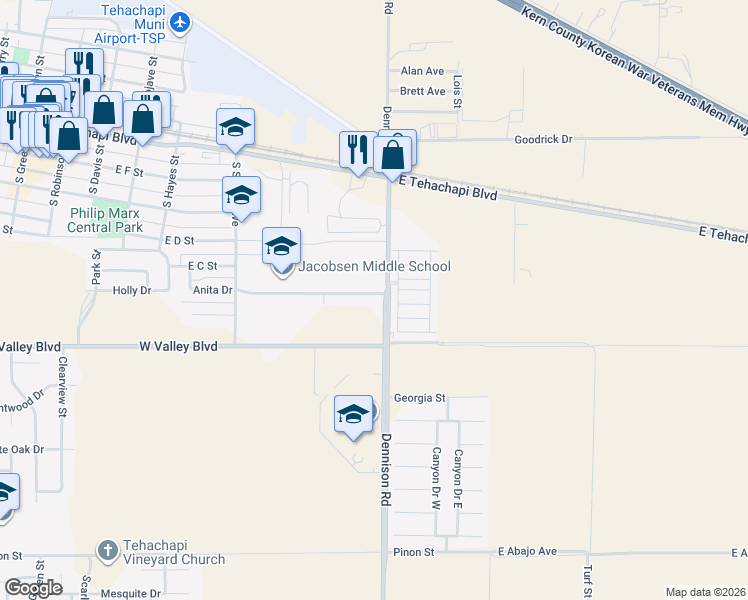 map of restaurants, bars, coffee shops, grocery stores, and more near 816 Anita Drive in Tehachapi