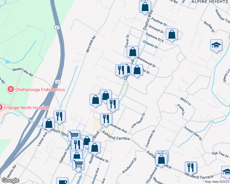 map of restaurants, bars, coffee shops, grocery stores, and more near 105 Pinehurst Avenue in Chattanooga