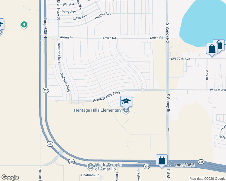map of restaurants, bars, coffee shops, grocery stores, and more near 9310 Heritage Hills Parkway in Amarillo