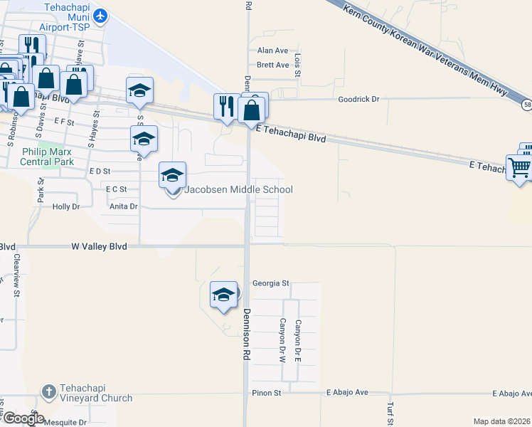map of restaurants, bars, coffee shops, grocery stores, and more near 600 S Dennison Road in Tehachapi