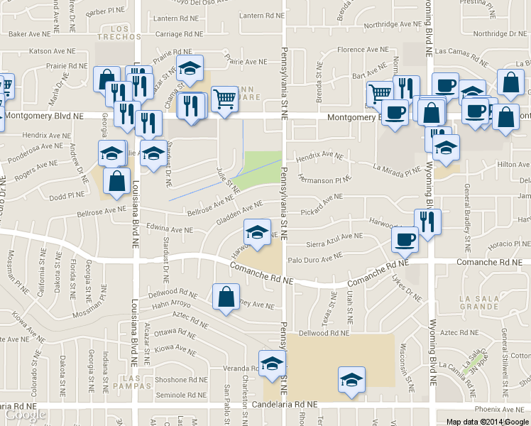map of restaurants, bars, coffee shops, grocery stores, and more near 7409 Pickard Avenue Northeast in Albuquerque
