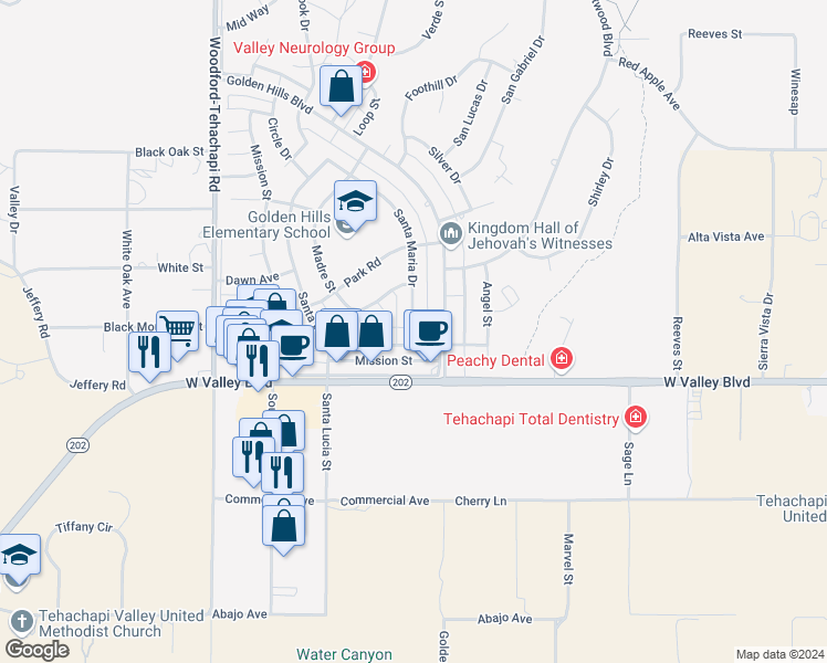 map of restaurants, bars, coffee shops, grocery stores, and more near 21101 Golden Hills Boulevard in Tehachapi