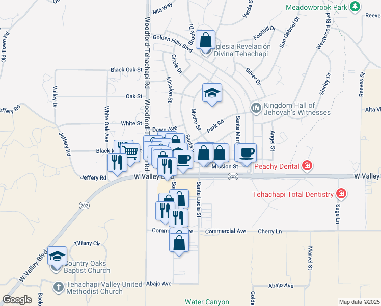 map of restaurants, bars, coffee shops, grocery stores, and more near 21101 Santa Barbara Drive in Tehachapi
