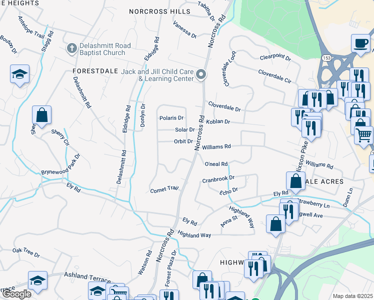 map of restaurants, bars, coffee shops, grocery stores, and more near 4401 Norcross Road in Chattanooga