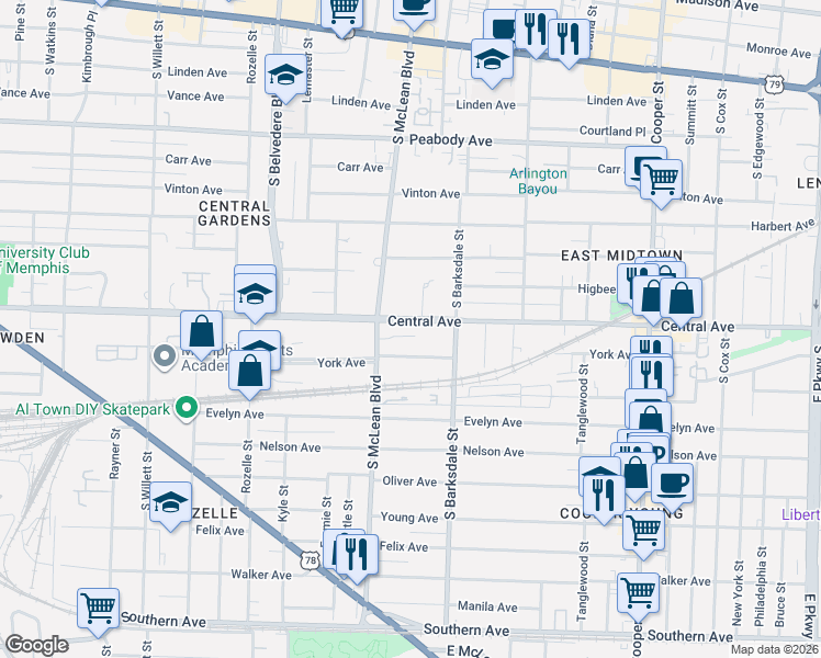 map of restaurants, bars, coffee shops, grocery stores, and more near 1856 York Avenue in Memphis
