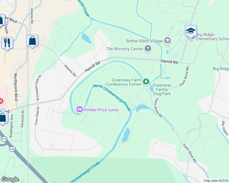 map of restaurants, bars, coffee shops, grocery stores, and more near North Chickamauga Creek Greenway in Chattanooga