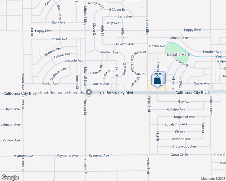 map of restaurants, bars, coffee shops, grocery stores, and more near 6721 67th Street in California City