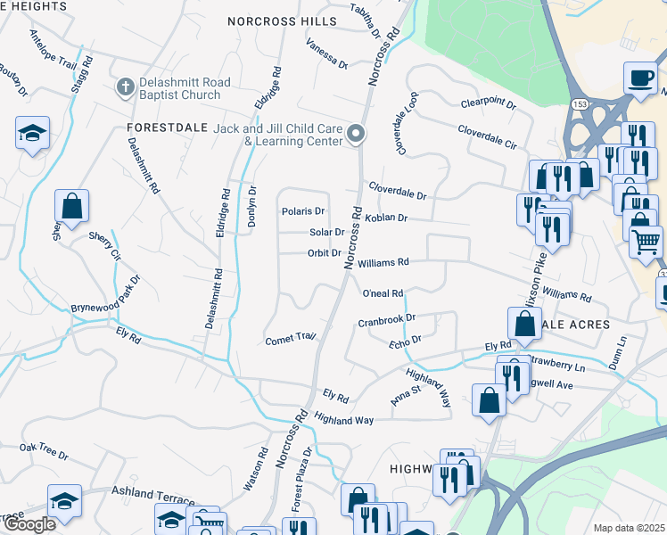 map of restaurants, bars, coffee shops, grocery stores, and more near 4401 Norcross Road in Chattanooga