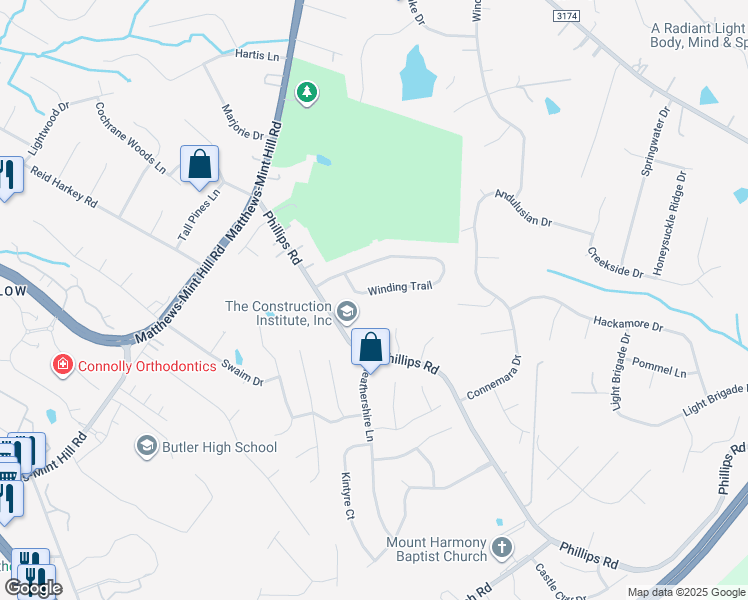 map of restaurants, bars, coffee shops, grocery stores, and more near 2825 Katie Court in Matthews
