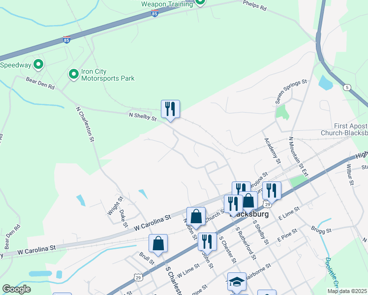 map of restaurants, bars, coffee shops, grocery stores, and more near 680 South Charleston Street in Blacksburg