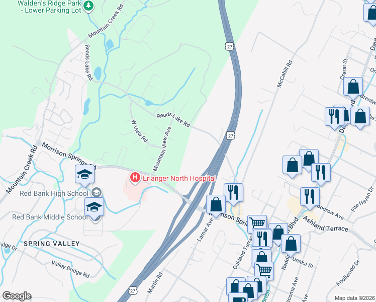 map of restaurants, bars, coffee shops, grocery stores, and more near 4112 Mountain View Road in Chattanooga
