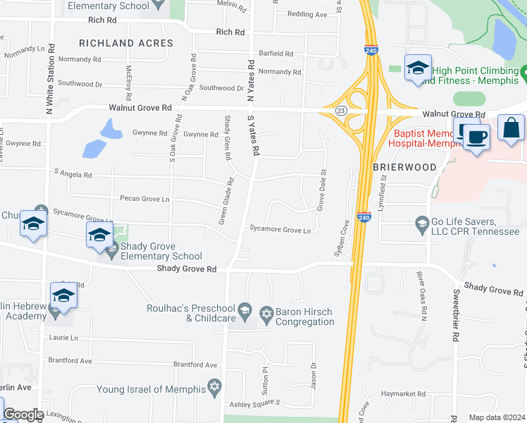 map of restaurants, bars, coffee shops, grocery stores, and more near 5646 Glade View Drive in Memphis