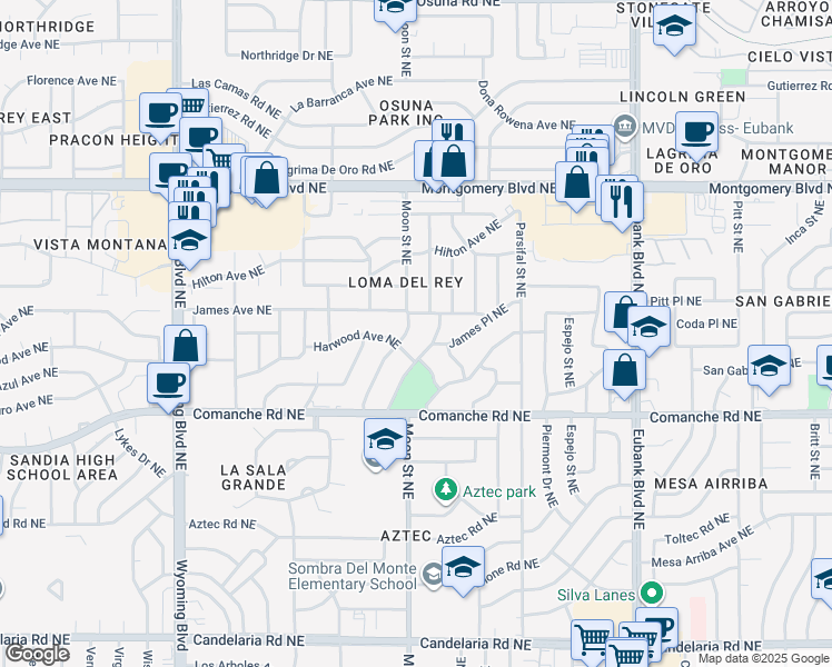 map of restaurants, bars, coffee shops, grocery stores, and more near 3701 Erbbe Street Northeast in Albuquerque