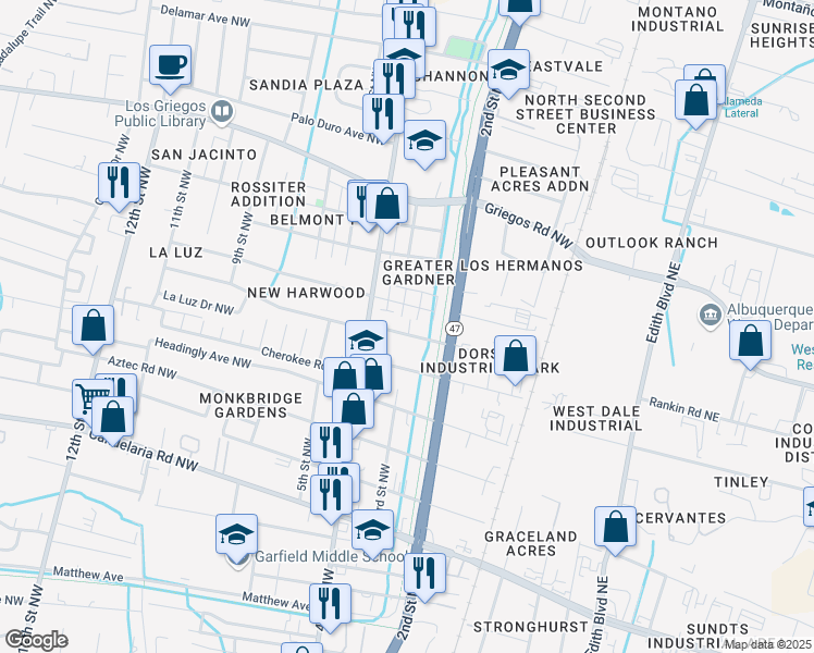 map of restaurants, bars, coffee shops, grocery stores, and more near 310 San Lorenzo Avenue Northwest in Albuquerque