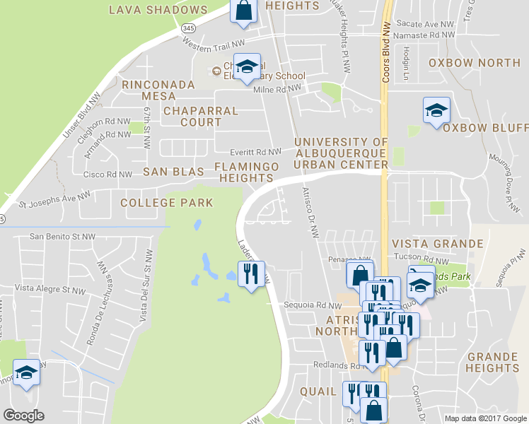 map of restaurants, bars, coffee shops, grocery stores, and more near 6216 Bent Tree Drive Northwest in Albuquerque