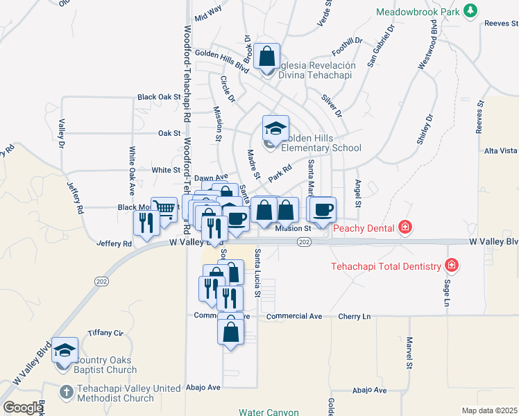 map of restaurants, bars, coffee shops, grocery stores, and more near 21101 Santa Barbara Drive in Tehachapi
