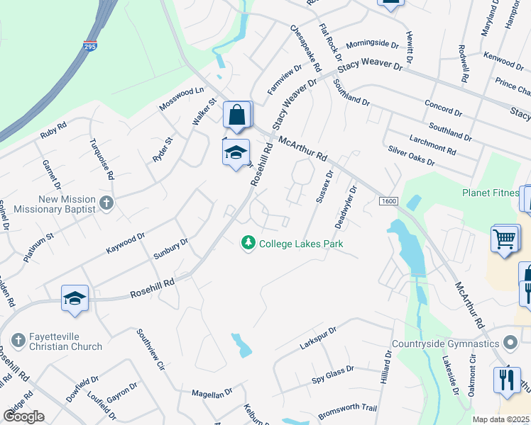 map of restaurants, bars, coffee shops, grocery stores, and more near 608 Castlebar Drive in Fayetteville