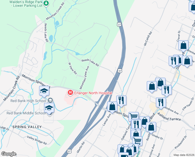 map of restaurants, bars, coffee shops, grocery stores, and more near 4112 Mountain View Road in Chattanooga