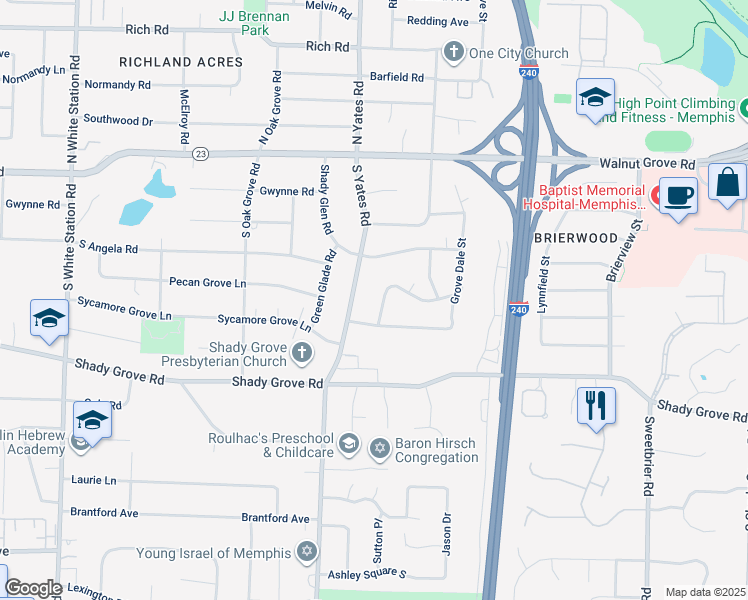 map of restaurants, bars, coffee shops, grocery stores, and more near 5639 Glade View Drive in Memphis