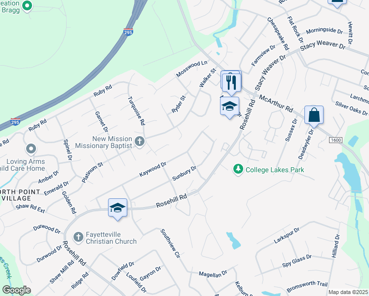 map of restaurants, bars, coffee shops, grocery stores, and more near 894 Kaywood Drive in Fayetteville