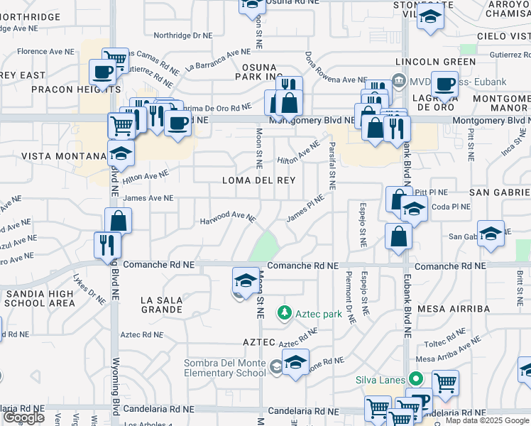 map of restaurants, bars, coffee shops, grocery stores, and more near 3701 Erbbe Street Northeast in Albuquerque