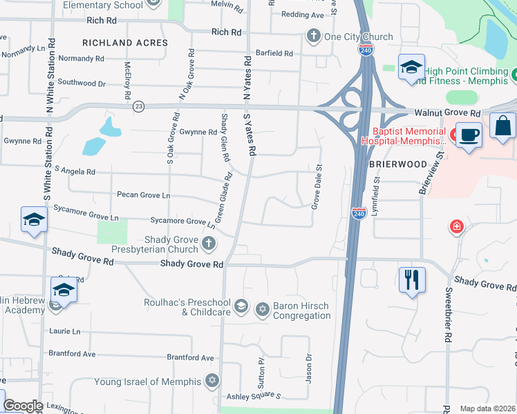 map of restaurants, bars, coffee shops, grocery stores, and more near 5639 Glade View Drive in Memphis