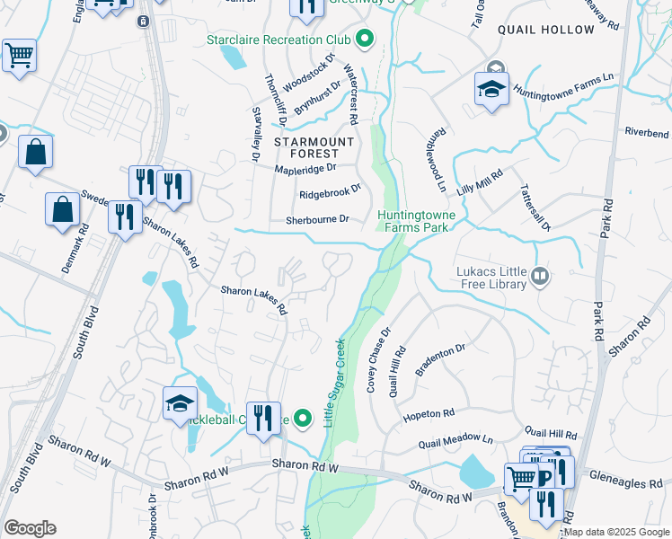 map of restaurants, bars, coffee shops, grocery stores, and more near 7808 Andover Woods Drive in Charlotte
