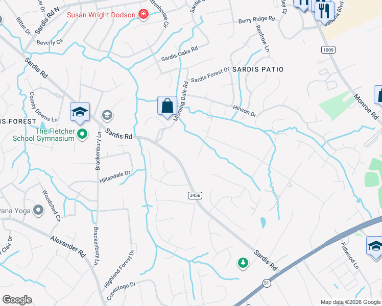 map of restaurants, bars, coffee shops, grocery stores, and more near 9009 Sardis Road in Matthews