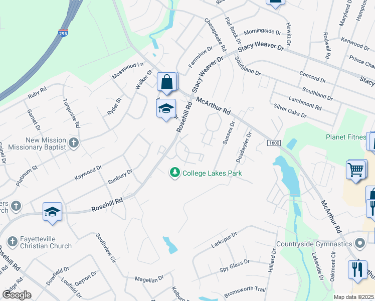 map of restaurants, bars, coffee shops, grocery stores, and more near 608 Castlebar Drive in Fayetteville