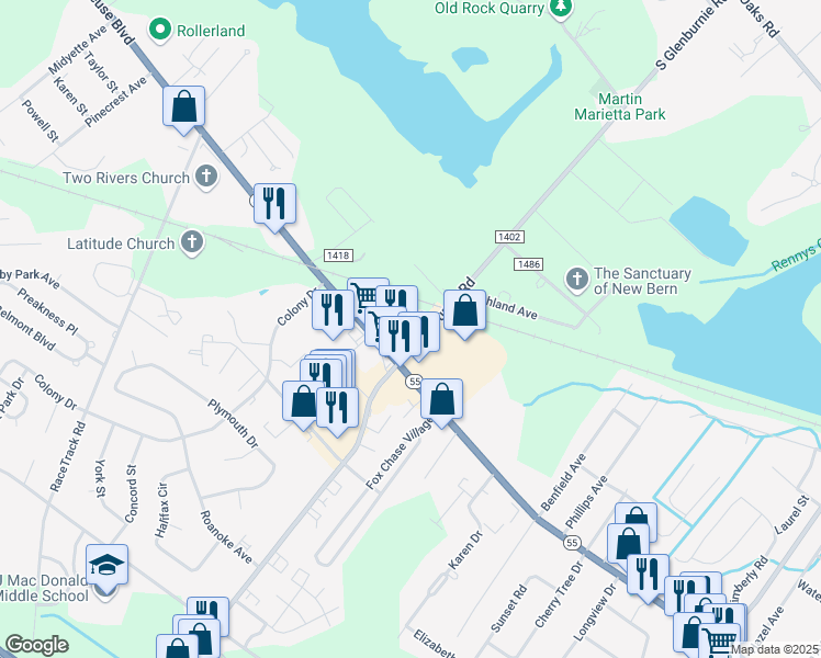 map of restaurants, bars, coffee shops, grocery stores, and more near 1114 South Glenburnie Road in New Bern