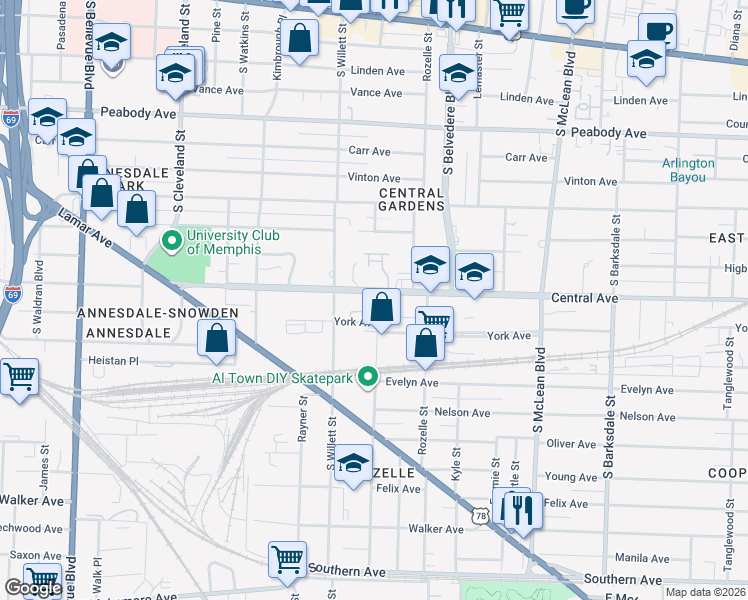 map of restaurants, bars, coffee shops, grocery stores, and more near 1590 York Avenue in Memphis