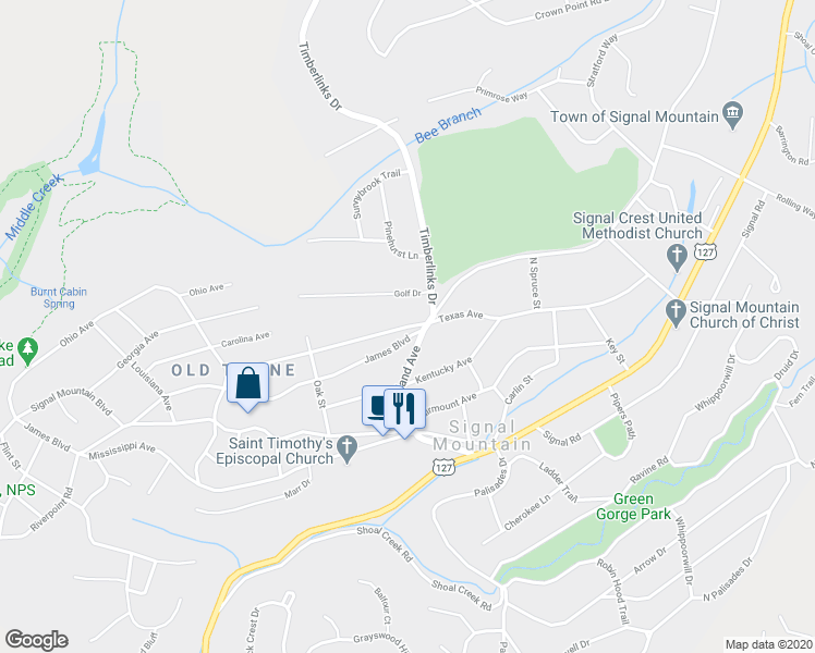 map of restaurants, bars, coffee shops, grocery stores, and more near 710 Texas Avenue in Signal Mountain
