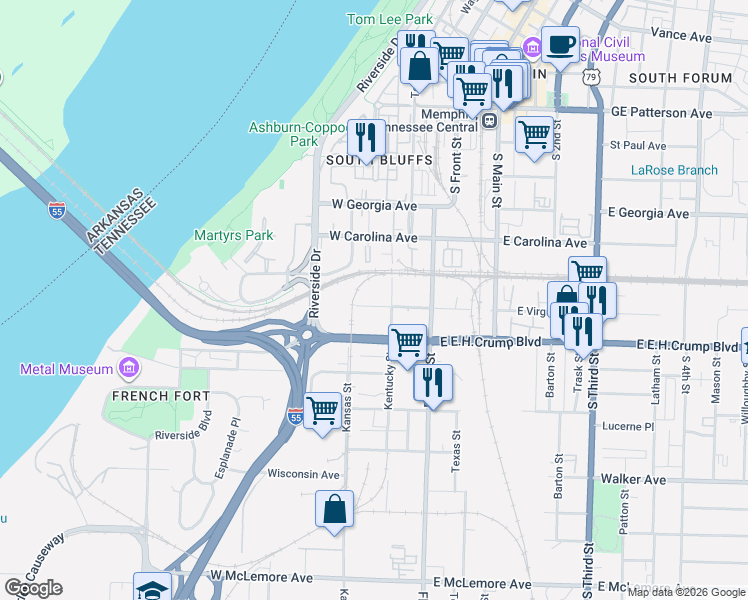 map of restaurants, bars, coffee shops, grocery stores, and more near 80 Virginia Avenue West in Memphis