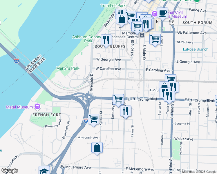 map of restaurants, bars, coffee shops, grocery stores, and more near 80 Virginia Avenue West in Memphis