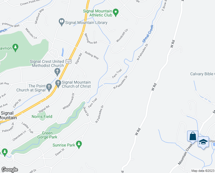 map of restaurants, bars, coffee shops, grocery stores, and more near 500 Fern Trail in Signal Mountain