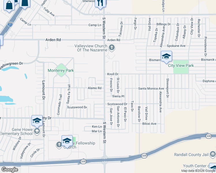 map of restaurants, bars, coffee shops, grocery stores, and more near 4101 Napa Place in Amarillo