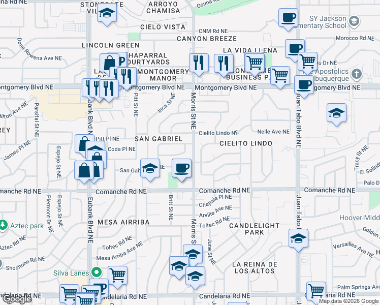 map of restaurants, bars, coffee shops, grocery stores, and more near 10305 San Gabriel Road Northeast in Albuquerque