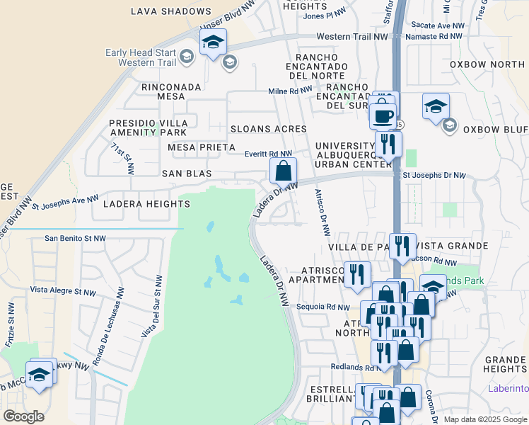 map of restaurants, bars, coffee shops, grocery stores, and more near 6328 Bent Tree Drive Northwest in Albuquerque