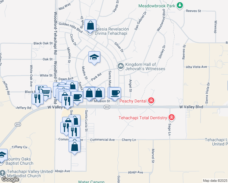 map of restaurants, bars, coffee shops, grocery stores, and more near 21101 Golden Hills Boulevard in Tehachapi