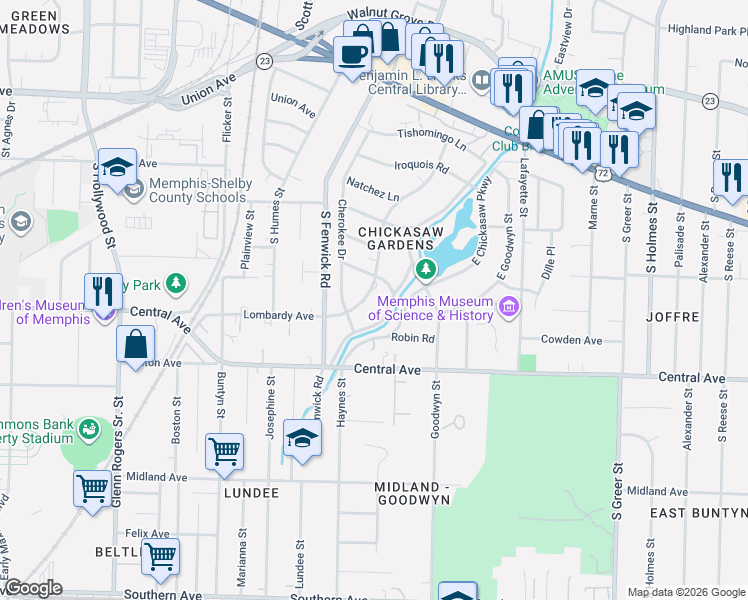 map of restaurants, bars, coffee shops, grocery stores, and more near 224 Lombardy Road in Memphis