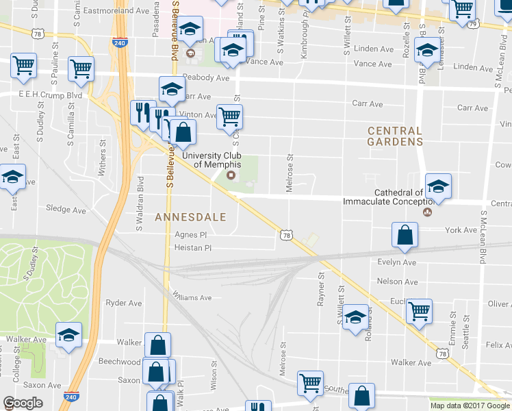 map of restaurants, bars, coffee shops, grocery stores, and more near 1403 Lamar Avenue in Memphis