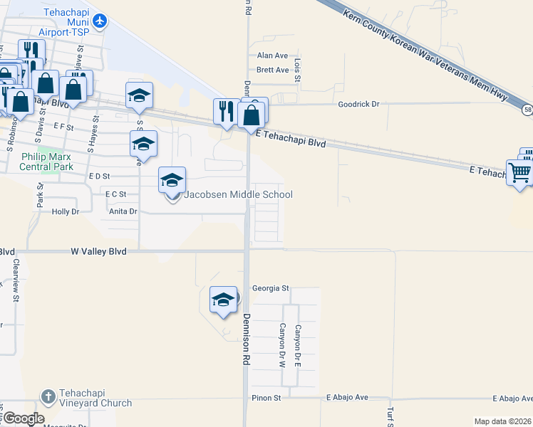 map of restaurants, bars, coffee shops, grocery stores, and more near 600 S Dennison Road in Tehachapi