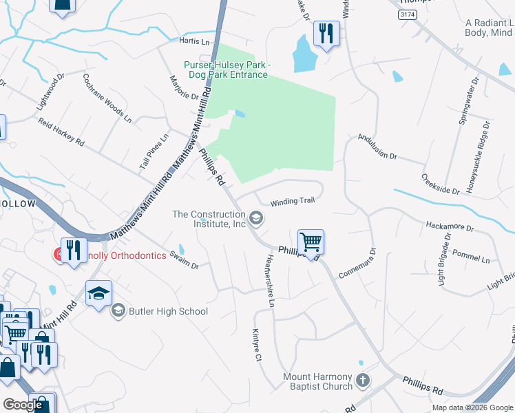 map of restaurants, bars, coffee shops, grocery stores, and more near 3231 Winding Trail in Matthews