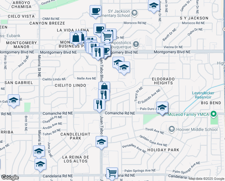map of restaurants, bars, coffee shops, grocery stores, and more near 3920 Juan Tabo Boulevard Northeast in Albuquerque