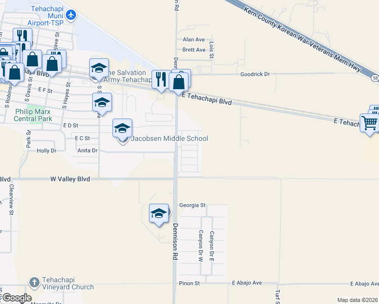 map of restaurants, bars, coffee shops, grocery stores, and more near 600 S Dennison Road in Tehachapi