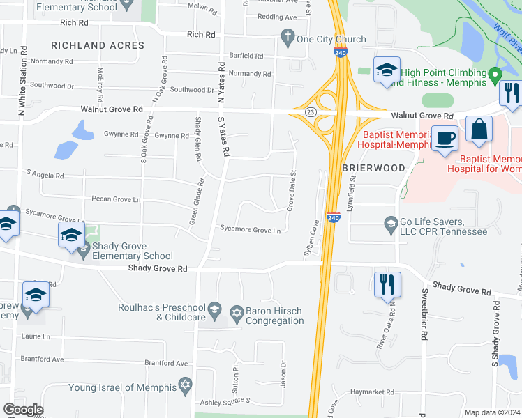 map of restaurants, bars, coffee shops, grocery stores, and more near 5681 Glade View Drive in Memphis