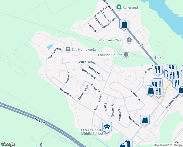 map of restaurants, bars, coffee shops, grocery stores, and more near 3416 Belmont Boulevard in New Bern