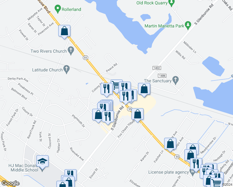 map of restaurants, bars, coffee shops, grocery stores, and more near 2908 Neuse Boulevard in New Bern
